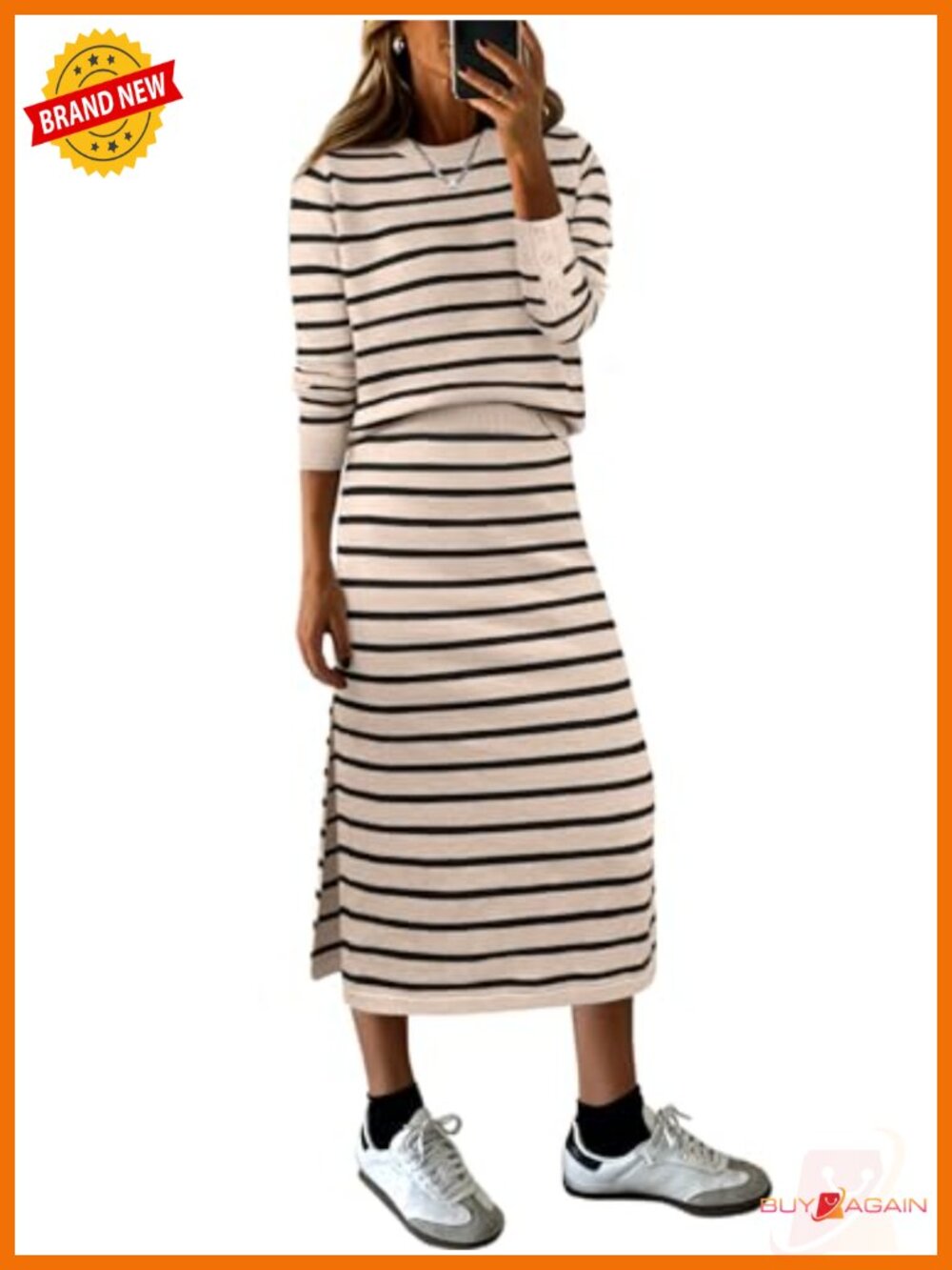 Women 2 Piece Striped Sweater Skirt Set Long Sleeve Midi Skirt Loose Fit